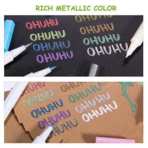 Ohuhu Metallic Markers Paint Pen Calligraphy Brush Pens, Set of 10 Paint Marker for Black Paper Rock Painting DIY Gift Birthday Greeting Thank You Cards Making Scrapbook Photo Album Glass