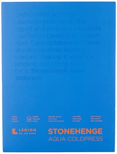 Legion Stonehenge Aqua Watercolor Block , 140 Cold Press, 9 X 12 inches, 15 Sheets, White