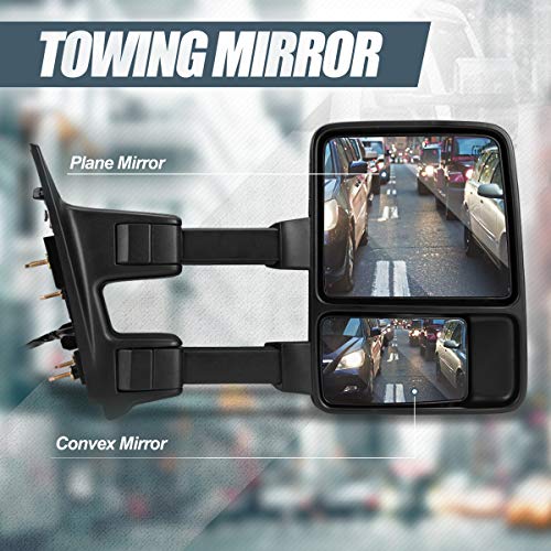 Pair of Rear View Side Towing Mirrors - Manual Telescoping | Power Adjust | Heated Glass | Smoked LED Turn Signal - Compatible with Ford F250-F550 Super Duty 99-07, Driver and Passenger Side, Black