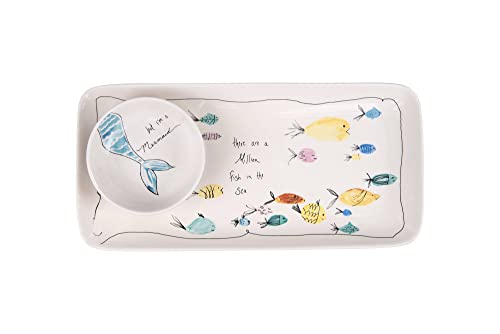 Creative Co-Op Coastal Rectangle Stoneware Platter with Dish, Mermaid, and Sea life Illustrations, Multicolor