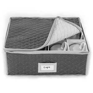 china cup storage chest - quilted fabric container in gray measuring 16" x 13" x 6"h - perfect storage case for coffee cups - tea cups - mugs