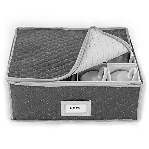 China Cup Storage Chest - Quilted Fabric Container in Gray Measuring 16" x 13" x 6"H - Perfect Storage Case for Coffee Cups - Tea Cups - Mugs