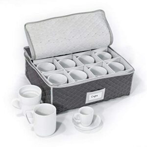 China Cup Storage Chest - Quilted Fabric Container in Gray Measuring 16" x 13" x 6"H - Perfect Storage Case for Coffee Cups - Tea Cups - Mugs