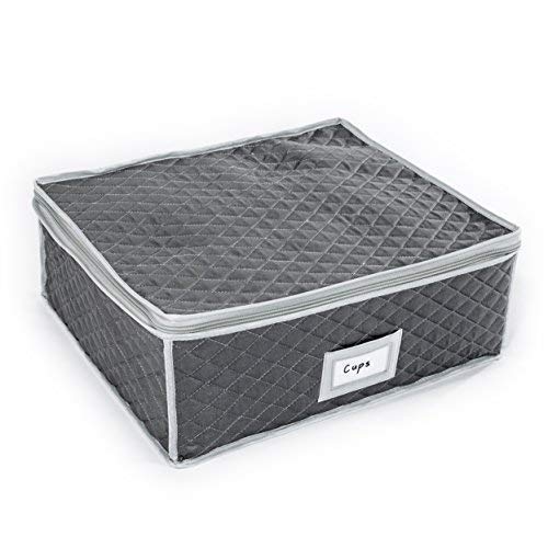 China Cup Storage Chest - Quilted Fabric Container in Gray Measuring 16" x 13" x 6"H - Perfect Storage Case for Coffee Cups - Tea Cups - Mugs