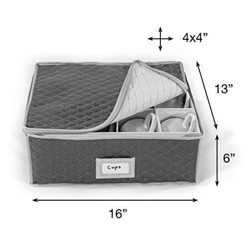 China Cup Storage Chest - Quilted Fabric Container in Gray Measuring 16" x 13" x 6"H - Perfect Storage Case for Coffee Cups - Tea Cups - Mugs
