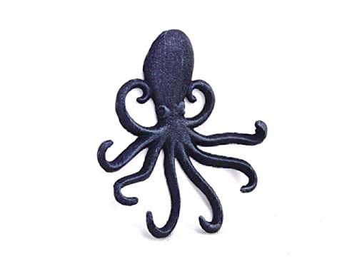 Handcrafted Nautical Decor Rustic Dark Blue Cast Iron Wall Mounted Decorative Octopus Hooks 7" - Cast Iron