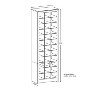 Prepac Space-Saving 36 Pair Shoe Storage Cabinet With Cubbies, 13"D x 23.5"W x 72.5"H, White