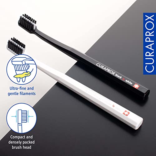 Curaprox Black is White Toothbrush, Black is White Carbon Toothbrush Set, Includes 1 Black Toothbrush & 1 White Toothbrush