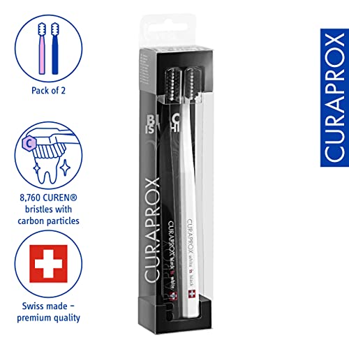 Curaprox Black is White Toothbrush, Black is White Carbon Toothbrush Set, Includes 1 Black Toothbrush & 1 White Toothbrush