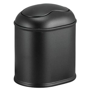 mdesign modern plastic mini wastebasket trash can dispenser with swing lid for bathroom vanity countertop or tabletop - dispose of cotton rounds, makeup sponges, tissues - black