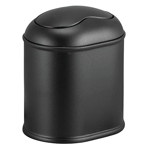 mDesign Modern Plastic Mini Wastebasket Trash Can Dispenser with Swing Lid for Bathroom Vanity Countertop or Tabletop - Dispose of Cotton Rounds, Makeup Sponges, Tissues - Black