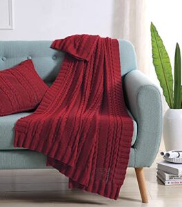 vcny home | dublin collection | throw blanket - 100% cotton in cable knit weave, ultra plush, luxuriously warm - for bed, couch, or chair, throw, red 50x70