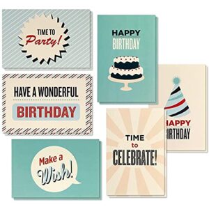 48 pack happy birthday cards boxed with envelopes bulk, 6 assorted blank retro party designs 4x6