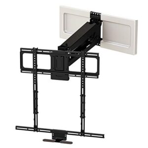 mantelmount mm540 - above fireplace pull down tv mount for 40" to 80" screen tvs to 90 lbs, with patented auto-straightening, adjustable stops, heat sensor handles & paintable covers