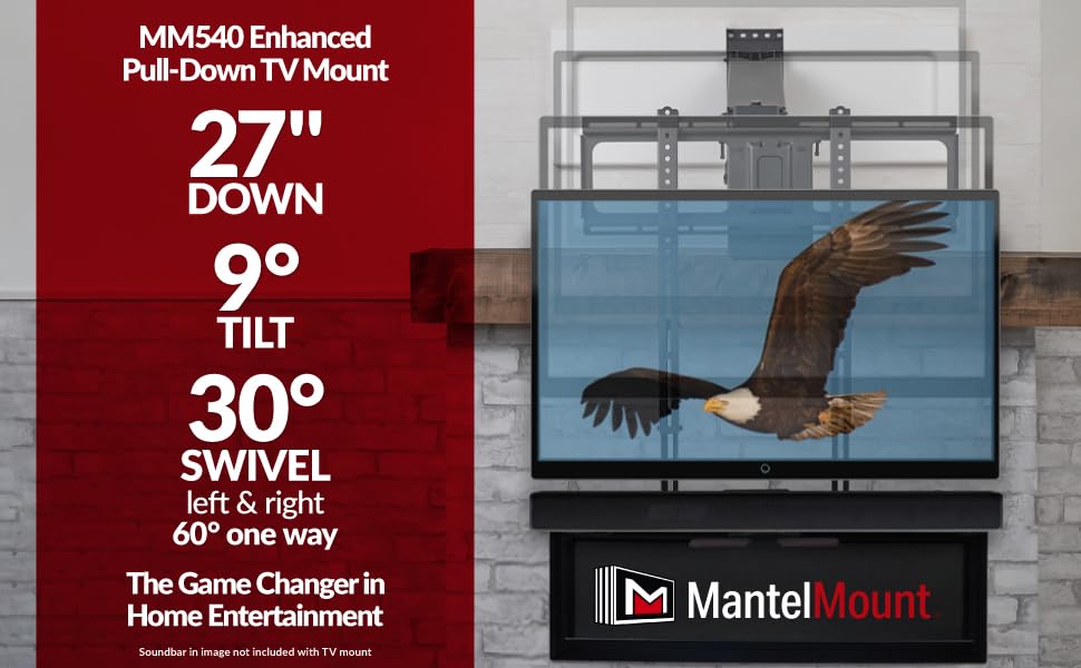 MantelMount MM540 - Above Fireplace Pull Down TV Mount for 40" to 80" Screen TVs to 90 lbs, with Patented auto-straightening, Adjustable Stops, Heat Sensor Handles & Paintable Covers