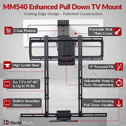 MantelMount MM540 - Above Fireplace Pull Down TV Mount for 40" to 80" Screen TVs to 90 lbs, with Patented auto-straightening, Adjustable Stops, Heat Sensor Handles & Paintable Covers