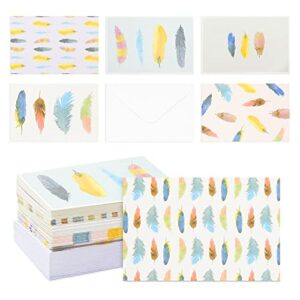blank bird greeting stationary cards with envelopes, watercolor feather (4x6 in, 48 pack)