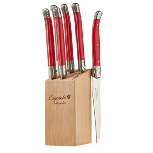 laguiole by flyingcolors steak knife set, micro serrated blade, stainless steel, wood block, red color handle, 6 pieces (red)