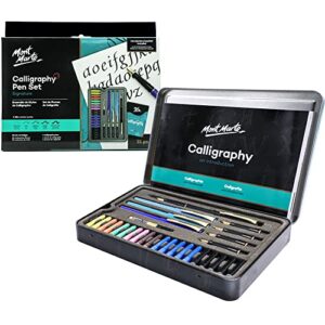 mont marte calligraphy set, 32 piece. includes calligraphy pens, calligraphy nibs, ink cartridges, introduction booklet and exercise booklet, packaging may vary