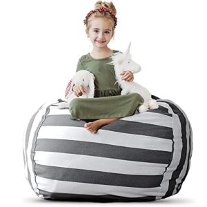 creative qt stuff ’n sit extra large 38’’ bean bag storage cover for stuffed animals & toys – gray & white stripe – toddler & kids’ rooms organizer – giant beanbag great plush toy hammock alternative