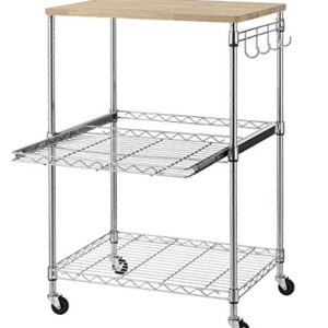 Finnhomy 3-Tier Wire Rolling Kitchen Cart, Food Service Cart, Microwave Stand, Oak Cutting Board and Chrome