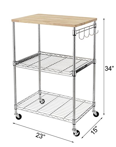 Finnhomy 3-Tier Wire Rolling Kitchen Cart, Food Service Cart, Microwave Stand, Oak Cutting Board and Chrome