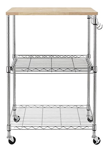 Finnhomy 3-Tier Wire Rolling Kitchen Cart, Food Service Cart, Microwave Stand, Oak Cutting Board and Chrome