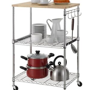 Finnhomy 3-Tier Wire Rolling Kitchen Cart, Food Service Cart, Microwave Stand, Oak Cutting Board and Chrome