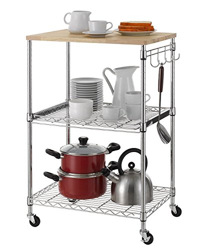Finnhomy 3-Tier Wire Rolling Kitchen Cart, Food Service Cart, Microwave Stand, Oak Cutting Board and Chrome