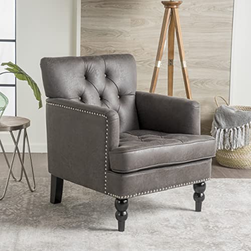 GDFStudio Medford Brown Tufted Club Chair, Fabric Accent Chair with Studded Nailhead Accents