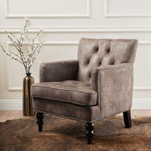 GDFStudio Medford Brown Tufted Club Chair, Fabric Accent Chair with Studded Nailhead Accents