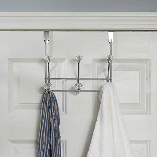 Home Basics 3 Hook Over the Door Hooks with Crystal Knobs, Organize Clothes, Coats, Robes, Towels For Bedroom, Bathroom Or Closet, Chrome