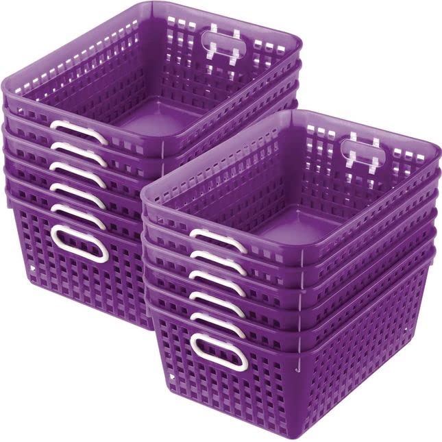 Really Good Stuff Multi-Purpose Plastic Storage Baskets for Classroom or Home Use - Stackable Mesh Plastic Baskets with Grip Handles 13" x 10" (Purple - Set of 12)