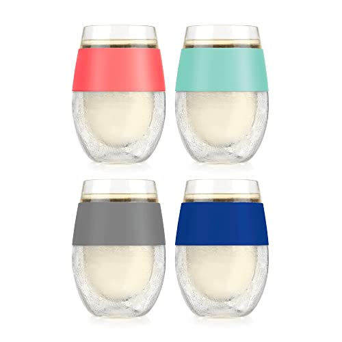 HOST Cooling Cup Set of 4 Plastic Double Wall Insulated Freezable Drink Chilling Tumbler with Freezing Gel, Wine Glasses for Red and White Wine, 8.5 oz, Assorted Colors