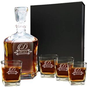 personalized 5 pc whiskey decanter set - decanter and 4 glasses gift set - custom engraved with fancy design