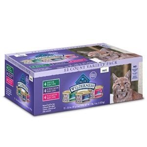 blue buffalo wilderness high protein, natural adult pate wet cat food variety pack, chicken, salmon, duck 3-oz cans (12 count- 4 of each flavor)