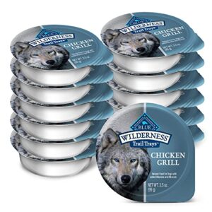 blue buffalo wilderness trail trays high protein, natural adult wet dog food cups, chicken grill 3.5-oz (pack of 12)