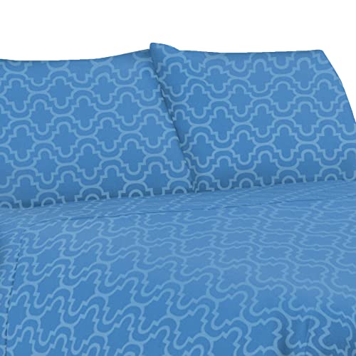 SUPERIOR Extra Soft Printed All Season 100% Brushed Cotton Flannel Trellis Bedding Sheet Set with Deep Pockets Fitted Sheet - Light Blue Trellis, Queen Size