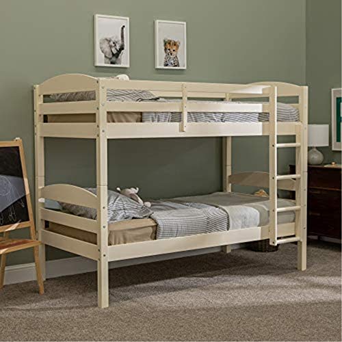 Walker Edison Solid Wood Twin Trundle Kids Bed Frame With Wheels Bunk bed Kids Bed Bedroom Storage Guard Rail Ladder, Twin, White