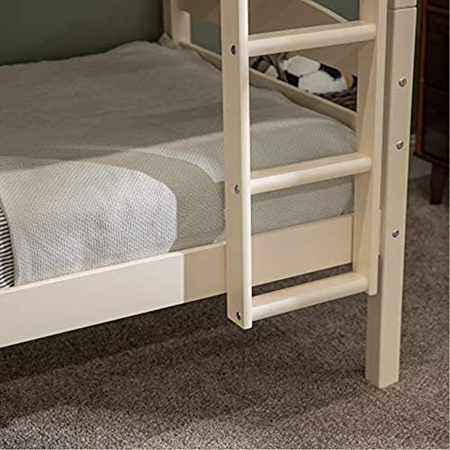 Walker Edison Solid Wood Twin Trundle Kids Bed Frame With Wheels Bunk bed Kids Bed Bedroom Storage Guard Rail Ladder, Twin, White