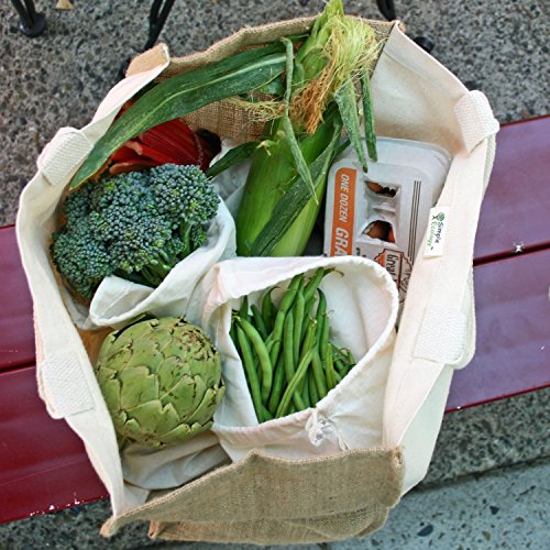 Simple Ecology Reusable Farmers Market Shopping 6 Bag Gift or Starter Set, Durable, Organic Cotton and Jute, Natural with Brown