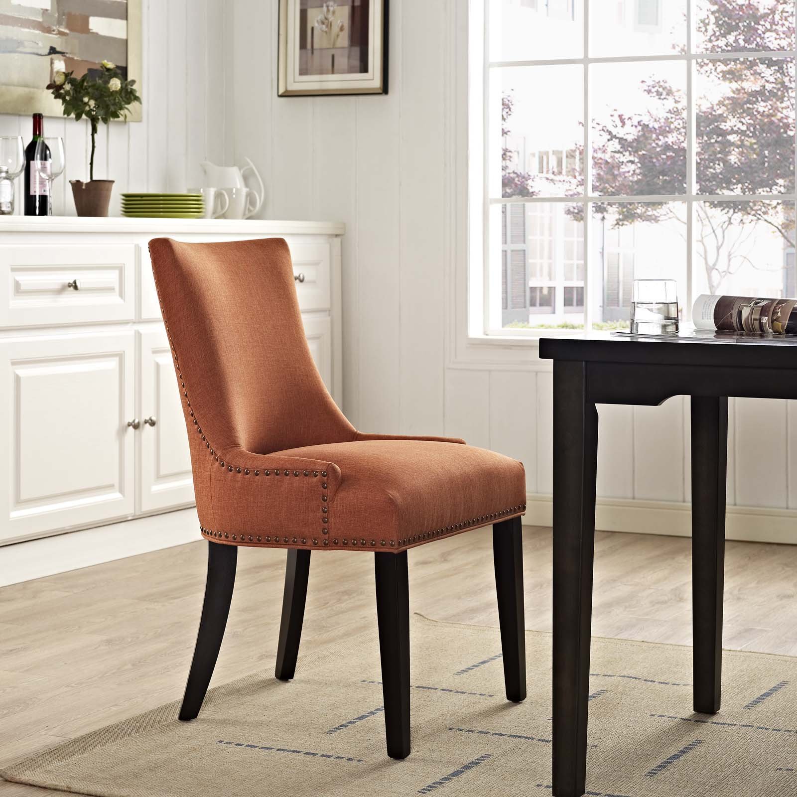 Modway Marquis Modern Upholstered Fabric Dining Chair with Nailhead Trim in Orange