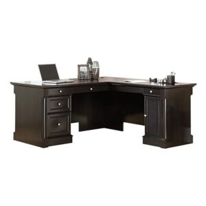 bowery hill l-shape home office executive desk with large drawers, letter size hanging file drawer and cpu tower in wind oak finish