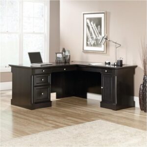 BOWERY HILL L-Shape Home Office Executive Desk with Large Drawers, Letter Size Hanging File Drawer and CPU Tower in Wind Oak Finish