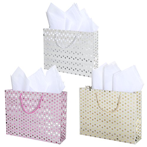 15 X 12 inch Medium Glitter Polka Dots Pattern Gift Wrap Bags in Assorted Colors, Set of 3