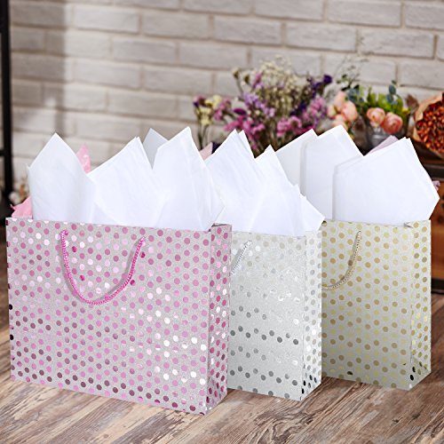 15 X 12 inch Medium Glitter Polka Dots Pattern Gift Wrap Bags in Assorted Colors, Set of 3
