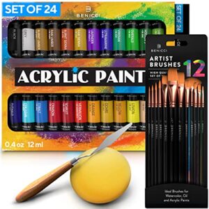 Complete Acrylic Paint Set – 24х Rich Pigment Colors – 12x Art Brushes with Bonus Paint Art Knife & Sponge – for Painting Canvas, Clay, Ceramic & Crafts, Non-Toxic & Quick Dry – for Kids & Adults