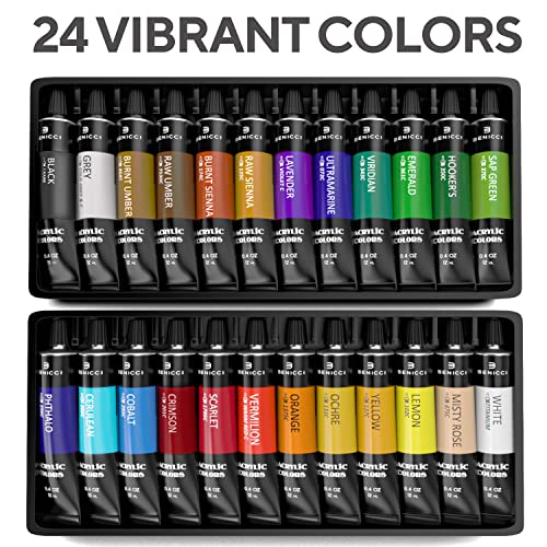 Complete Acrylic Paint Set – 24х Rich Pigment Colors – 12x Art Brushes with Bonus Paint Art Knife & Sponge – for Painting Canvas, Clay, Ceramic & Crafts, Non-Toxic & Quick Dry – for Kids & Adults