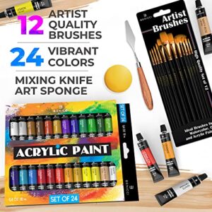 Complete Acrylic Paint Set – 24х Rich Pigment Colors – 12x Art Brushes with Bonus Paint Art Knife & Sponge – for Painting Canvas, Clay, Ceramic & Crafts, Non-Toxic & Quick Dry – for Kids & Adults