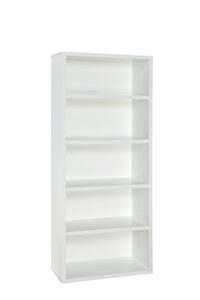 closetmaid bookshelf with 5 shelf tiers, adjustable shelves, tall bookcase sturdy wood with closed back panel, white finish